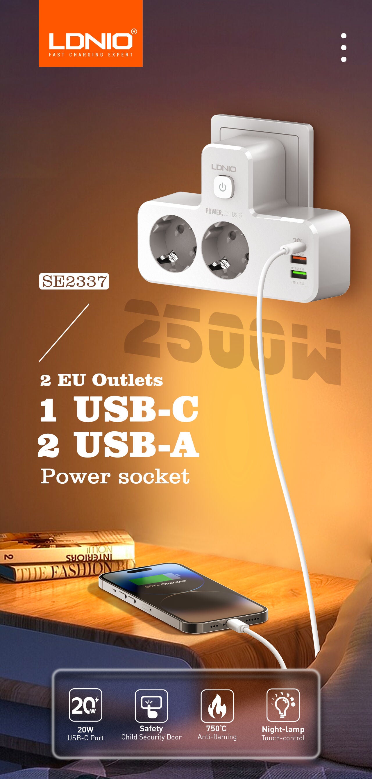 Multiprise LDNIO(siyoteam) SE2337 - 2 Prises EU avec Adaptateur USB, 1 Port USB-C PD, et Lampe de Nuit LED